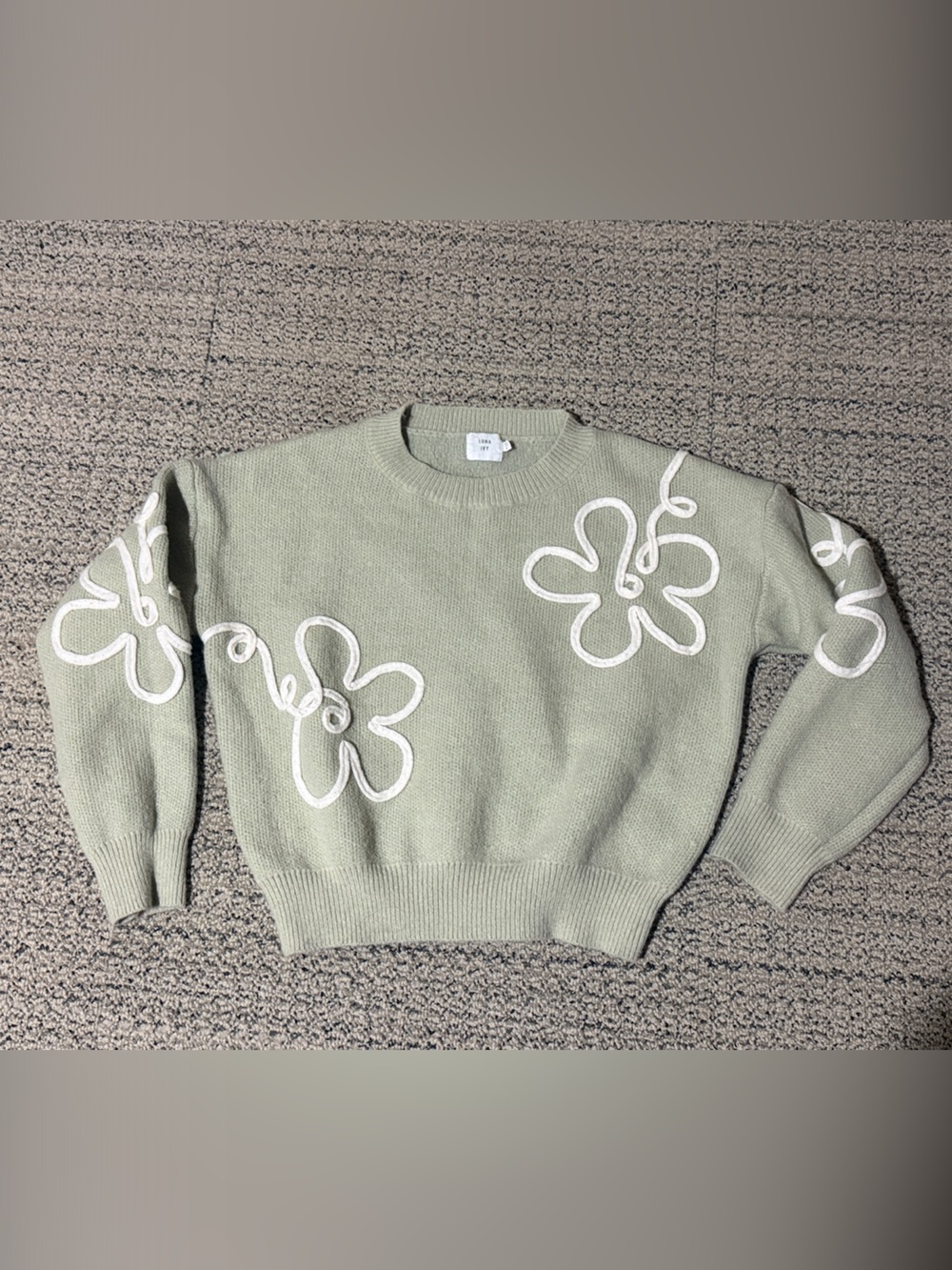 Sage Green Floral Cable-Knit Sweater